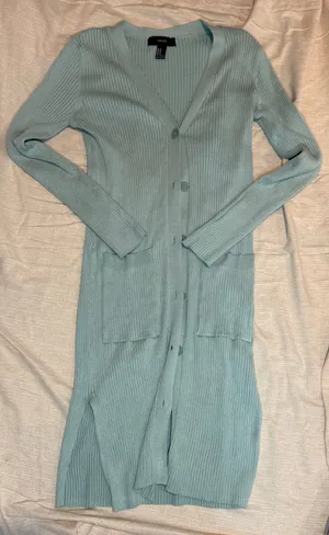 Forever 21 Long Ribbed Knit Cardigan in Sage Green thumbnail 1