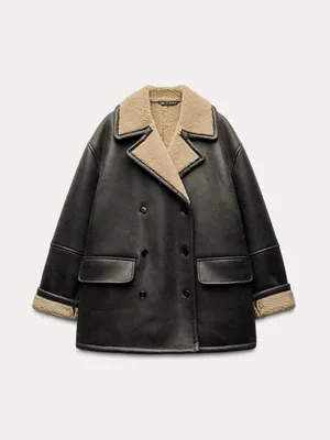 Zara Black Faux Leather Pea Coat with Cream Shearling Collar thumbnail 3