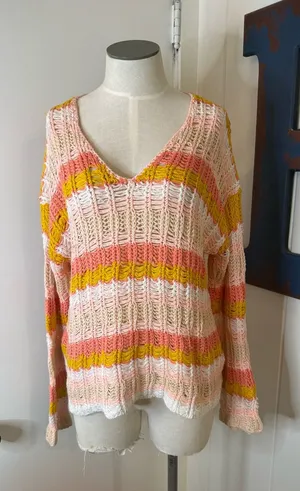 Hem & Thread Open-Knit V-Neck Stripe Sweater in Pink, Yellow, Cream SZ S thumbnail 1