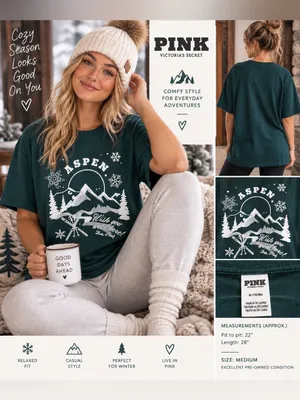 PINK Victoria's Secret Aspen Graphic Tee - Forest Green with White Print thumbnail 2