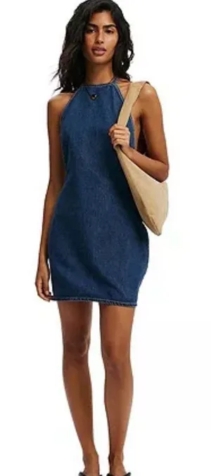Cotton On Dark Blue Halter Denim Mini Dress size2 thumbnail 1