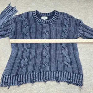Evereve Distressed Cable Knit Cotton Sweater Navy Blue Sz M‎ EUC Fisherman thumbnail 5