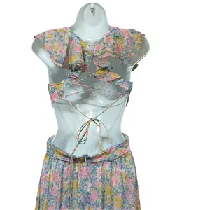 ASTR The Label Floral Cutout Maxi Dress Pink Blue Pleated Lace Up Back Small thumbnail 7