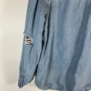 American Eagle Flannel Lined Denim Shirt Womens Small Oversized‎ Distressed Blue thumbnail 10