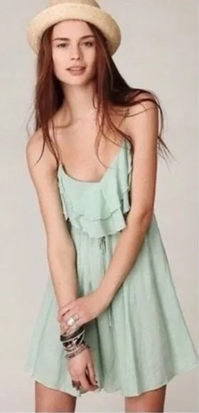 Free People Flutter Away Green Stripe‎ Ruffle Dress Size S thumbnail 1