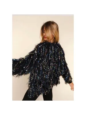 Haptics Long Sleeve Multicolor Fuzzy Fringe SweaterCardigan, Size L, Black Multi thumbnail 2