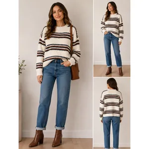Forever 21 Womens Chenille Popcorn‎ Knit Striped Sweater Cream Brown Navy Small thumbnail 2