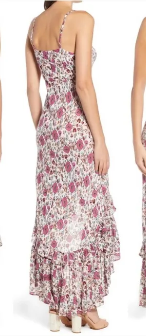 Anthropologie RAGA Summer Bloom Pink Red Cream Floral Ruffle High-Low Dress XS thumbnail 1