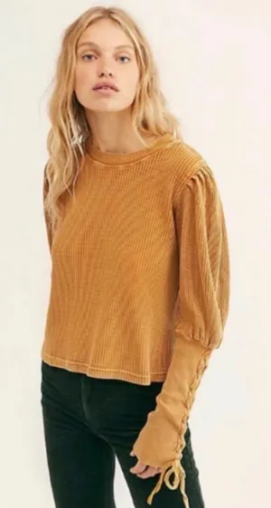 Free People One Tasha Thermal Waffle Knit Lace Up Puff Sleeve Women's Size Small thumbnail 1