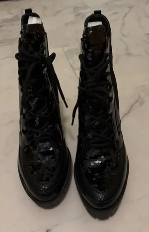 Cape Robbin Black Sequin Lace-Up Ankle Boots thumbnail 1