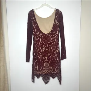 Burgundy wine lace long sleeve dress Sz medium thumbnail 3