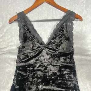 Free People Black Velvet Tank Top mini dress Small Babydoll Lace Romantic Whimsy thumbnail 3