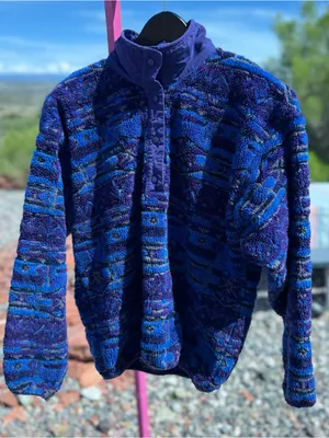 Vintage Columbia 90s Teddy Fleece Jacket M Purple Blue Geometric Made USA Retro! thumbnail 1