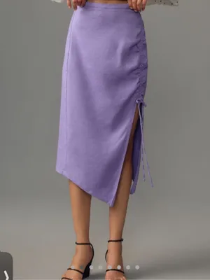 By Anthropologie Ruched Side-Slit‎ Linen Midi Skirt thumbnail 2