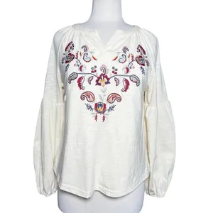 Women’s Boho Embroidered Popover Split Neck Cream Long Sleeve Top thumbnail 4