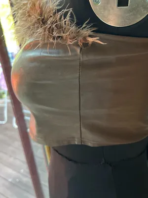SHEIN Brown Faux Leather Feather-Trim Crop Top thumbnail 4