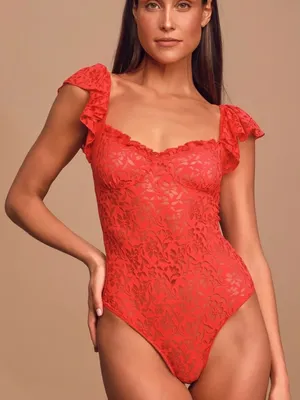 INTIMATELY FREE PEOPLE OLIVIA Red Floral Lace One-Piece Thong Bodysuit M thumbnail 2