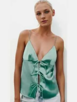 Zara tie front bows satin-finish emerald tank top vneck going out thumbnail 3