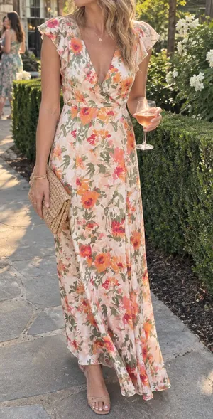 HUTCH Ella Pink Floral V-Neck Ruffle Maxi Dress Size 0 thumbnail 1