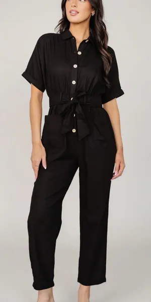 NWT Baltic Born Dallas Utility Jumpsuit Black Cotton Button Front Size Large thumbnail 1