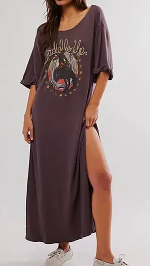 NEW Free People x Vintage Souls Chocolate Brown Saddle Up Graphic Maxi Tee Dress thumbnail 1