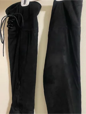 X2B Womens Size 6.5 6 1/2 Black Faux Suede 25” Tall Boots 3.75” Chunky Heel Ties thumbnail 11