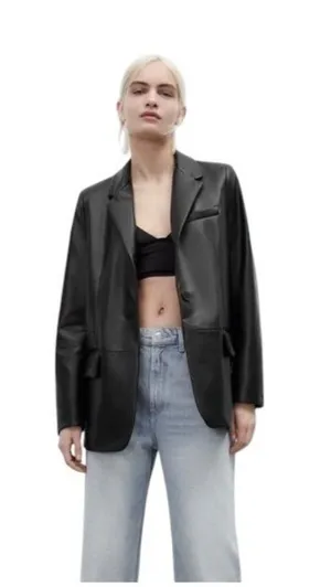 Zara Faux Leather One Button Classic Blazer Brown Size S Minimalist Fall Preppy thumbnail 1