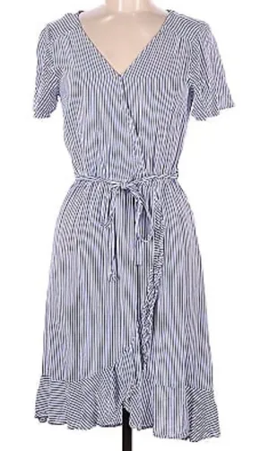 Naif by Anthropologie Blue & White Stripe‎ V-Neck Ruffle Tie Wrap Dress Small thumbnail 1