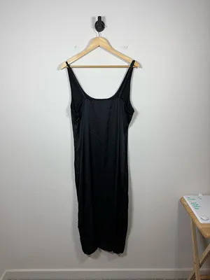 Abercrombie Black Satin Slip Midi Dress Scoop Neck Side Slit Size L thumbnail 11