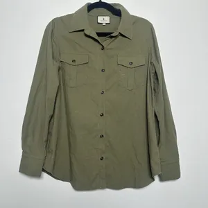 Tuckernuck Med Olive Steele Button Up Utility Blouse Shirt‎ Linen Blend Forest thumbnail 3