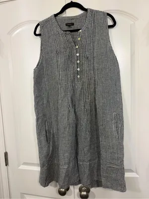 100% European Linen Sleeveless Mini Gingham Shift Swing Dress thumbnail 2