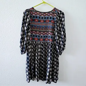 Umgee Navy Boho Aztec Print Mini Dress 3/4 Sleeve Babydoll Tunic Size Medium thumbnail 9