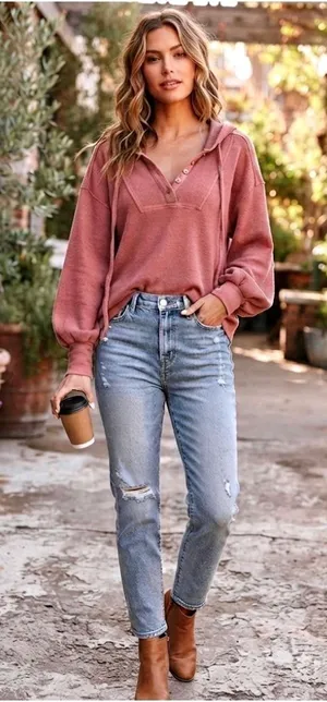 New In Waffle Knit Henley Hoodie‎ Dusty Rose Balloon Sleeve Pullover NT10889 M thumbnail 1