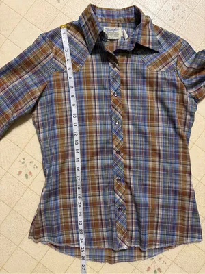Wrangler 80s Wrangler blue, metallic, brown, and white plaid western shirt thumbnail 9