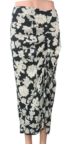 Zara Women's Black White Floral PaisleyRuched High Waisted Maxi Slip Skirt S thumbnail 1