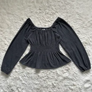 Sweater Plush Square-Neck Smocked Top Long Sleeve Dark Gray M thumbnail 4