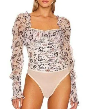 Free People NWT - - Brunch Date Floral Print Long Sleeve Bodysuit Ivory Combo -Size Small thumbnail 1