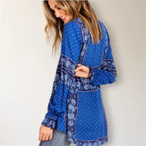 Free People Changing‎ Time True Blue Floral Long Sleeve Tunic Top M Boho Peasant thumbnail 2