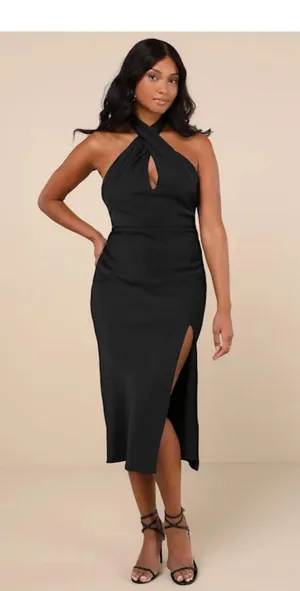 Lulus Midi Dress Black Satin thumbnail 7