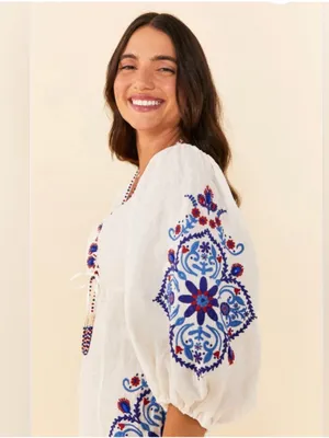 FARM Rio Off-White Navy Embroidery Mini Dress S thumbnail 11