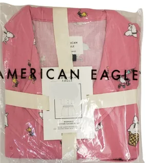 AMERICAN EAGLE Pajama Set Large Snoopy Peanuts Cotton Gauze Short Sleeve Top & Shorts thumbnail 1