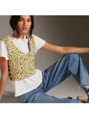 Maeve Anthropologie Floral Print Crop Knit Button Tank Top Vest Medium NEW NWT thumbnail 3