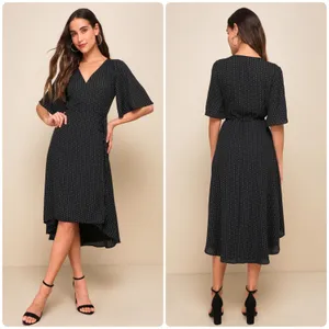 Lulus‎ Womens Farah Black Polka Dot Print Parisian Chic Midi Wrap Dress Size S thumbnail 2