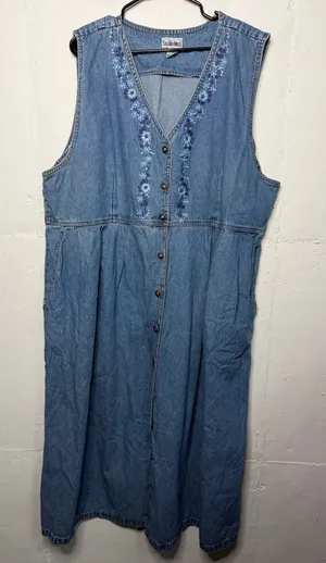 Studio West Vintage 90s 3X Denim Button Down Dress Sleeveless Floral Flowers thumbnail 1