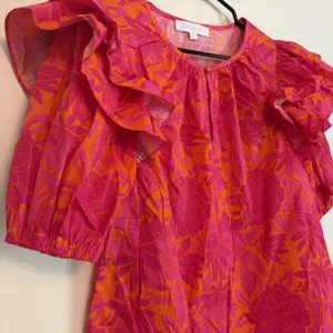 Sugarlips Small Blouse Top Floral Puff Ruffle Sleeve Orange Pink Cotton Garden thumbnail 2