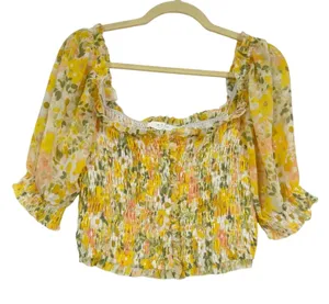 Astr Yellow Ditsy Floral Puff Sleeve Blouse Womens M Smocked Romantic Coquette thumbnail 1