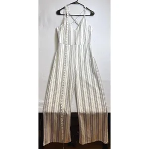 Love Tree Womens Wide Leg Jumpsuit White Black Striped Criss Cross Back Large thumbnail 10
