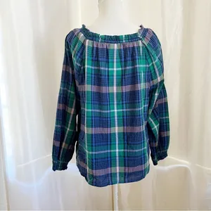 Old Navy Plaid Smocked‎ Square Neck Blouse Large Green Blue Long Sleeve Top thumbnail 3