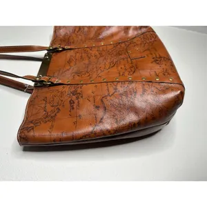 PATRICIA NASH Brown Leather Benvenuto Italy Map Antique Brass Tote Shoulder Bag thumbnail 6