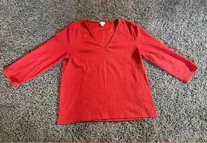 J. Crew Textured V Neck 3/4 Sleeve Shirt Womens Size M Stretch Red/Orange Preppy thumbnail 1